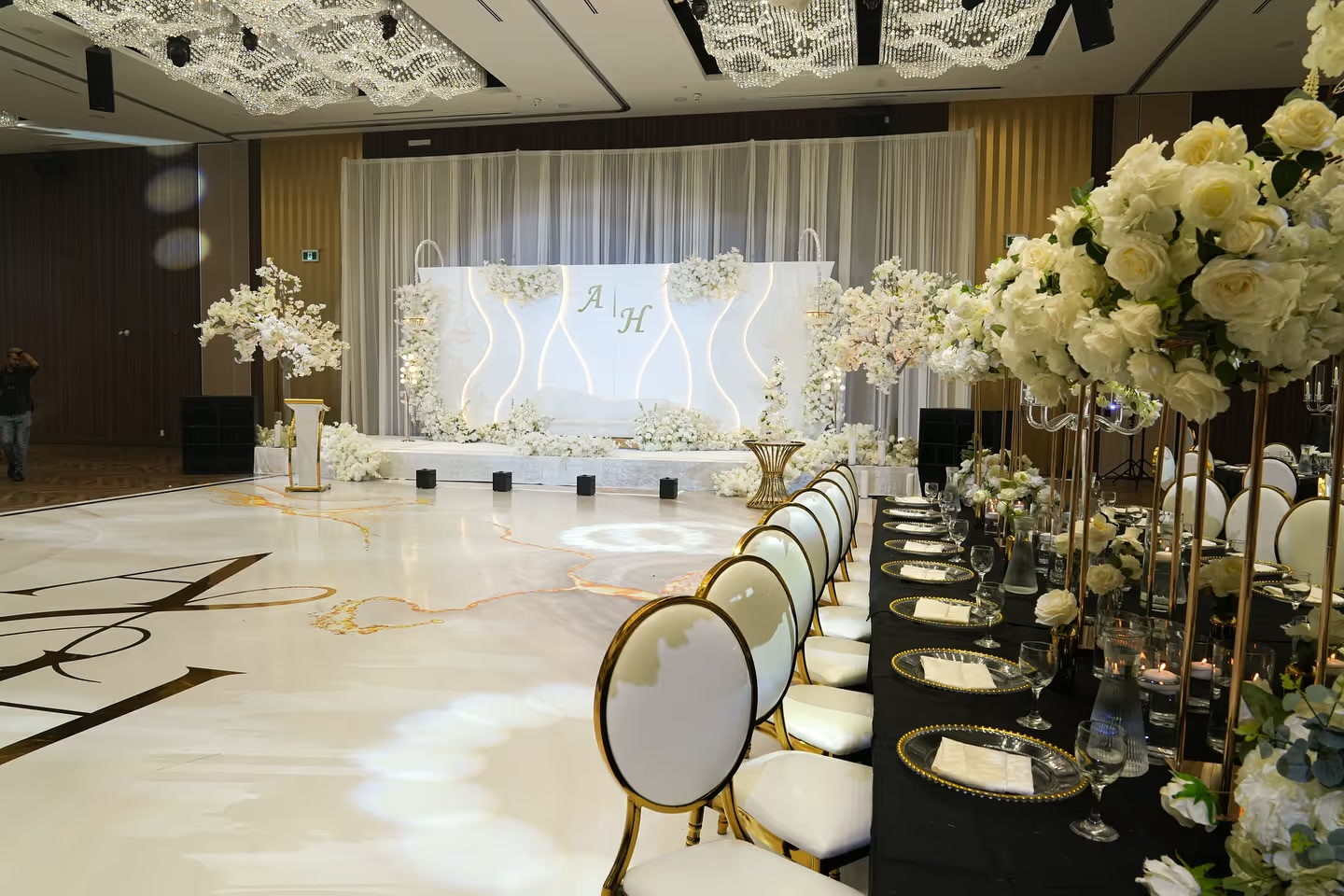 Banquet hall prepared for guests at IKON Event Space