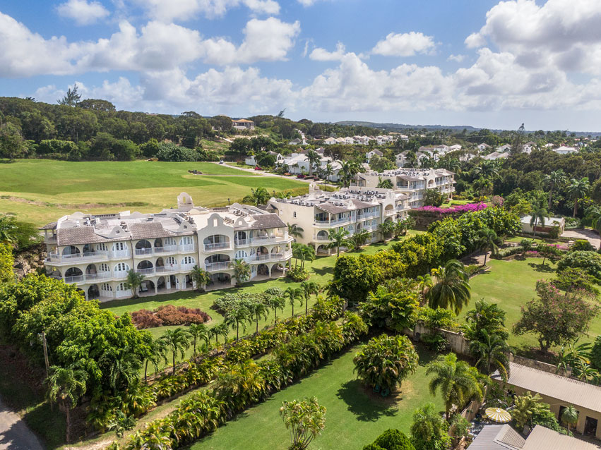 Aerial view of the Royal Westmoreland clubhouse and resort residences